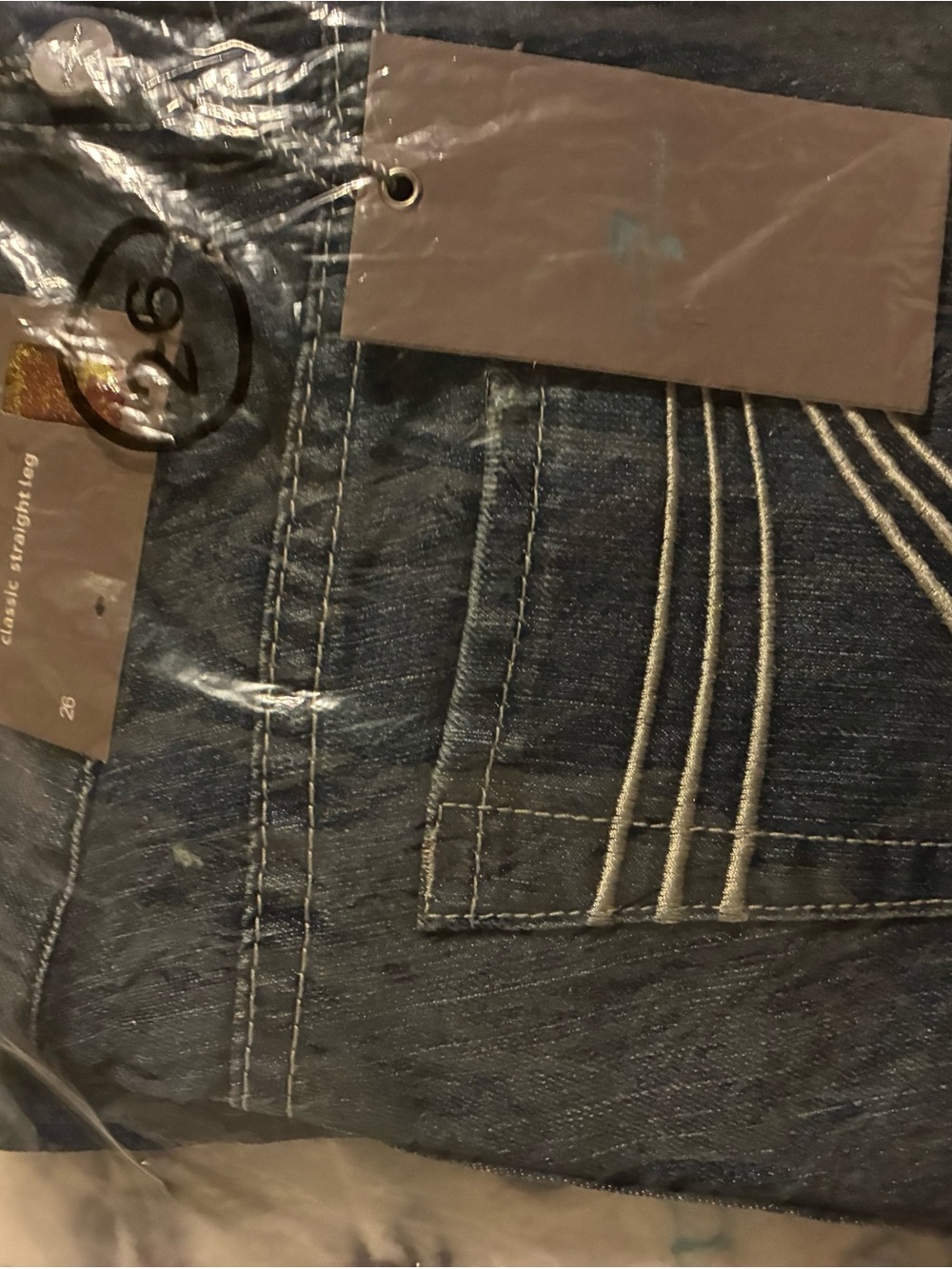 7 For All Mankind Straight-Leg Jeans in Dark Blue Denim W White/Navy Stitching
